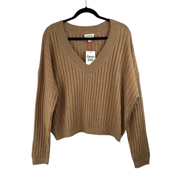 Open Edit Tan V-Neck Ribbed Knit Long Sleeve Drop Shoulder Pullover Sweater XL - Picture 2 of 13